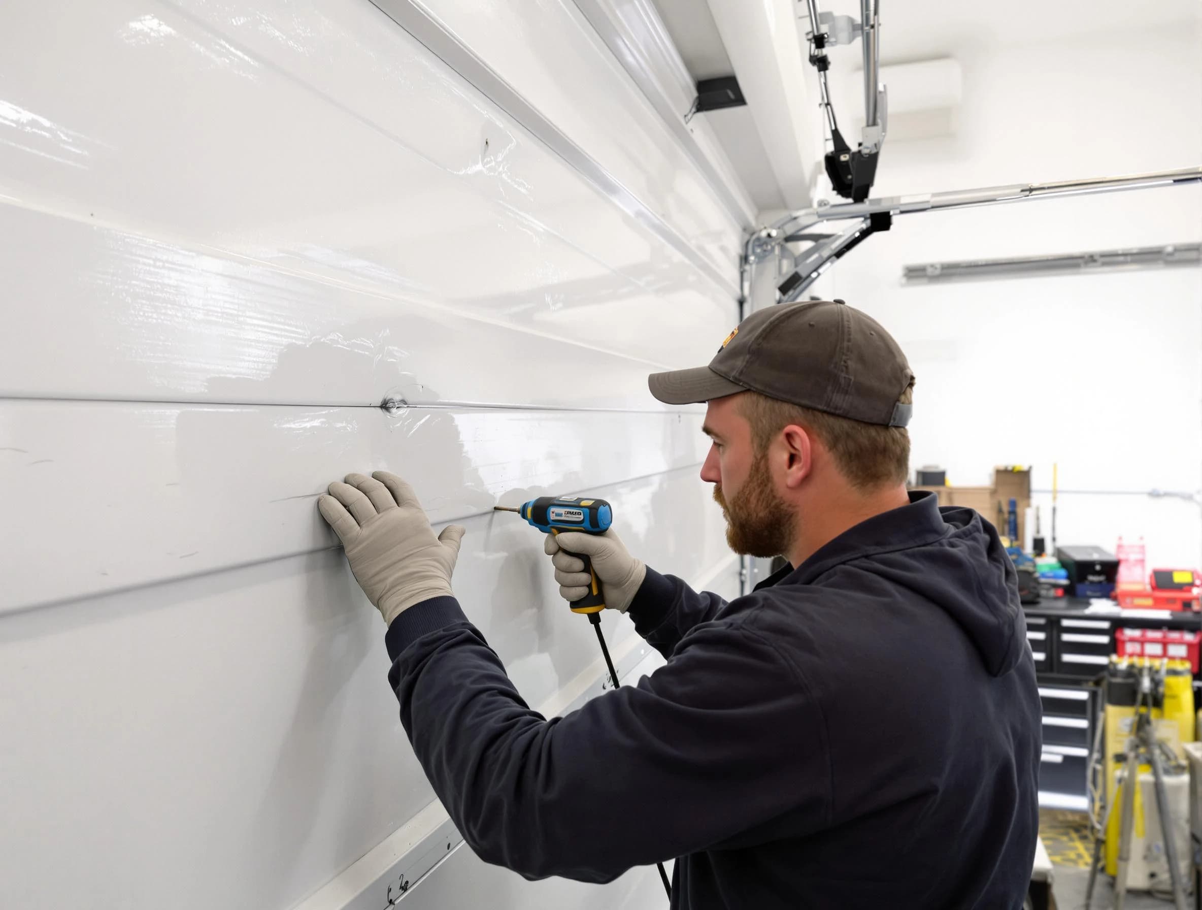Swissvale Garage Door Repair technician demonstrating precision dent removal techniques on a Swissvale garage door